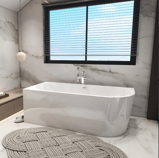 Freistehende Eckbadewanne, links AVOLA, weiß, Acryl, mit Edelstahlrahmen und 6 stabilisierenden Beinen