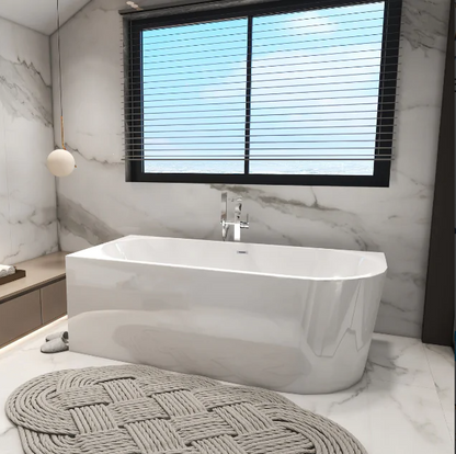 Freistehende Eckbadewanne, links AVOLA, weiß, Acryl, mit Edelstahlrahmen und 6 stabilisierenden Beinen